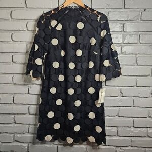 Shoshanna Black Gold Metallic Polka Dot Lace Bell Sleeve Shift Dress 6 Broome